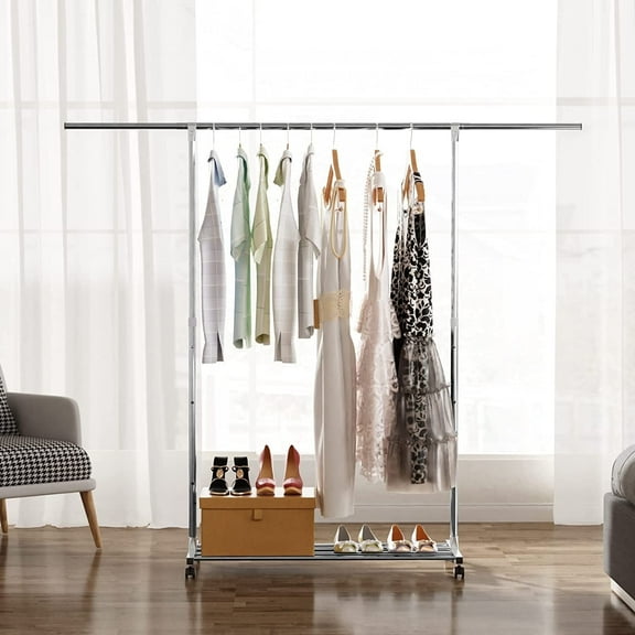 Biutee Clothes Rack Garment Rack with Movable Caster, Adjustable Bottom Shelves, 71 in 63 in, Silver