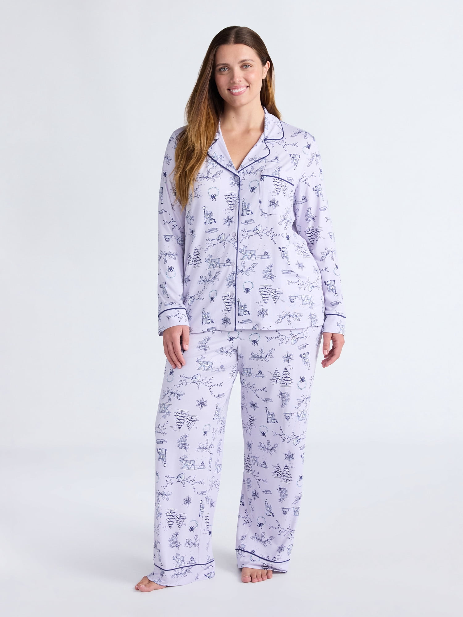 Joyspun Women’s Dreamy Soft Collection Long Sleeve Top and Pants Pajama Set, Sizes XS-4X
