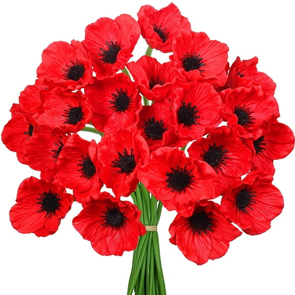 Zukuco 8 Pcs Artificial Flowers Red Poppy Anemone Stems PU Real Touch Poppy Anemones Fake Flowers for Wedding Bouquets Corsages Centerpiece Floral Arrangements Décor