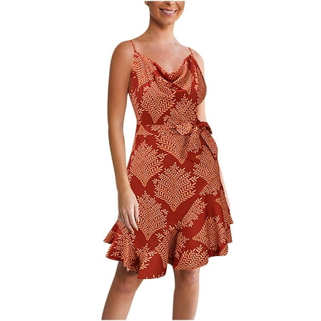 

Ziloco Women’s Sexy Leaves Print Dress Sleeveless V-Neck Floral Long Dress corset dresses Red S