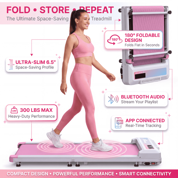 FYC Under Desk Walking Pad, 180° Foldable Treadmill for Home Office, 2.5HP Quiet Brushless Motor 0.5-4MPH 300LBS Capacity, Compact Design for Small Space, App Control & Bluetooth Speaker (Pink)