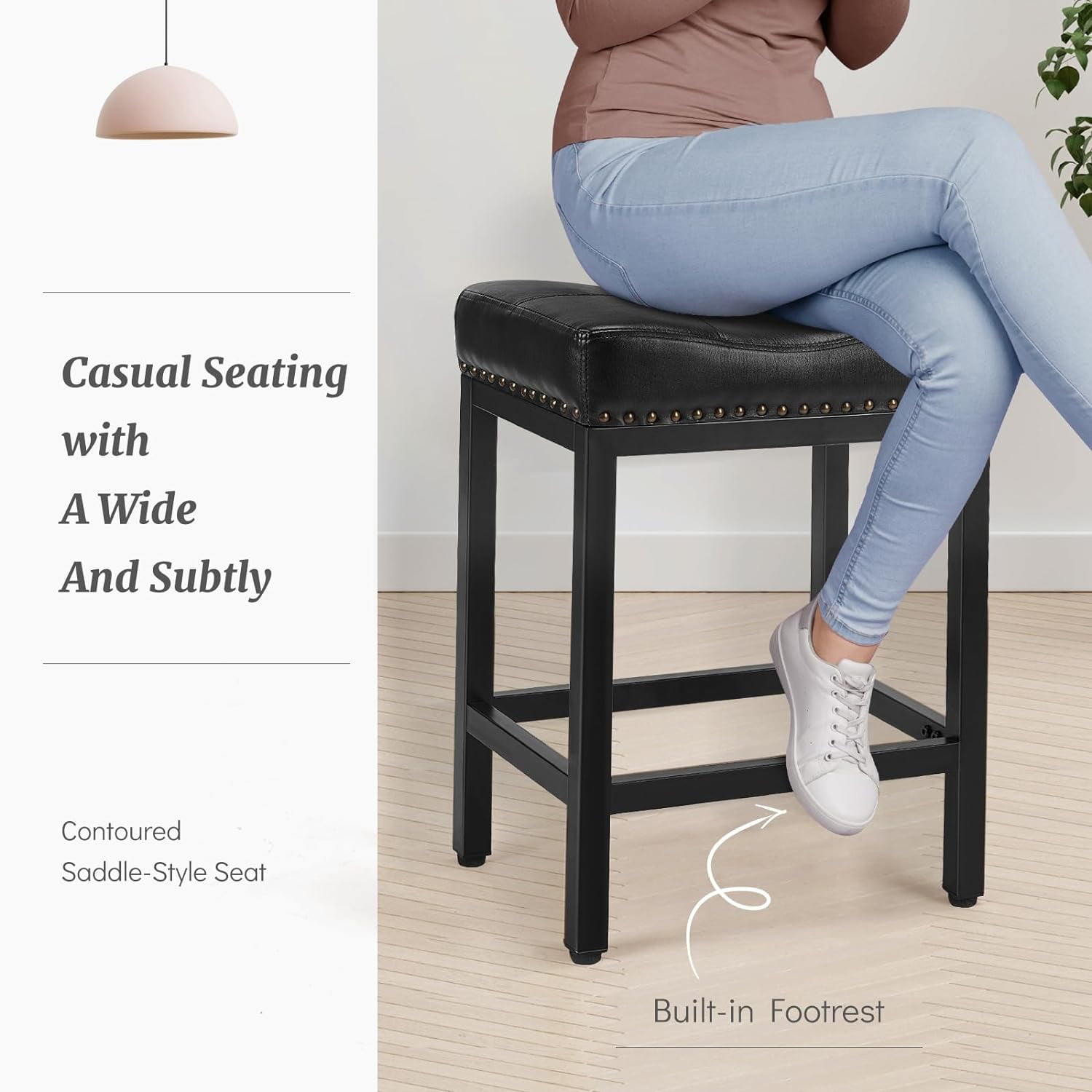 24" Backless Bar Stools, Set of 4 Counter Height Bar Stools, Leather Saddle Counter Stool, Black