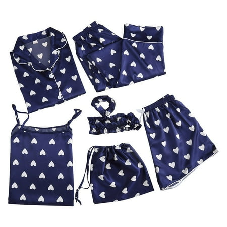 

Gaiseeis 7PC Silk Casual Women Lingerie Camisole Print Shorts Pant Pajamas Sleepwear Set Blue M