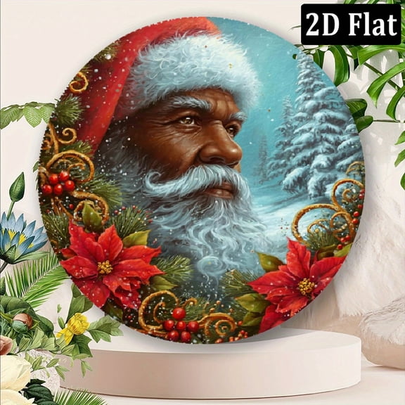 2D Flat, 1pc Aluminum Christmas gift Chic African American Santa Claus Wreath Sign - 8x8Inch Round Perfect for Christmas Halloween Decor, Ideal for Kitchen, Garden, or Office Wall Art