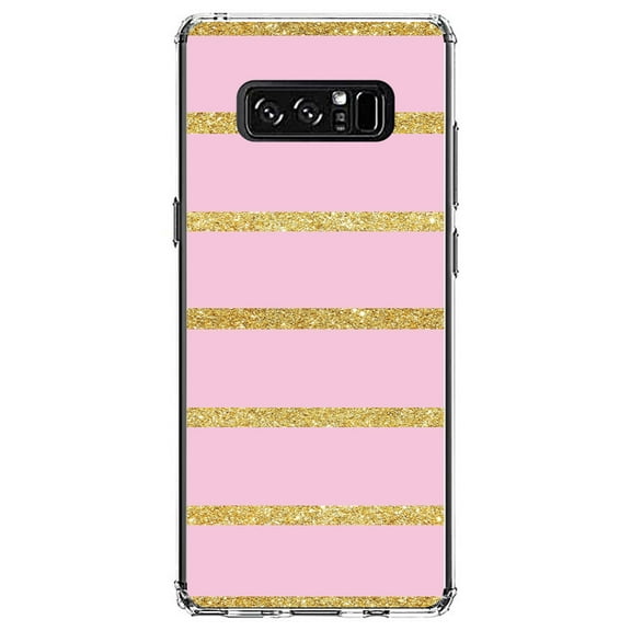 DistinctInk Clear Shockproof Hybrid Case for Samsung Galaxy Note 8 - TPU Bumper, Acrylic Back, Tempered Glass Screen Protector - Pink & Gold Print - Horizontal Stripes Pattern