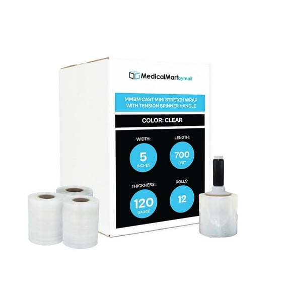 MMBM Mini Hand Wrap with Spinner Handles 5" x 700' 12 Rolls 120 Gauge Clear Shrink Film for Shipping Use