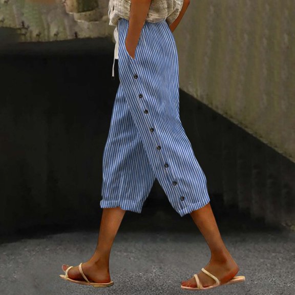Women's Side Stripe Elastic Waist Pants – Loose Fit Straight Leg with Cuffed Hem, Comfortable 7/8 Length Capris