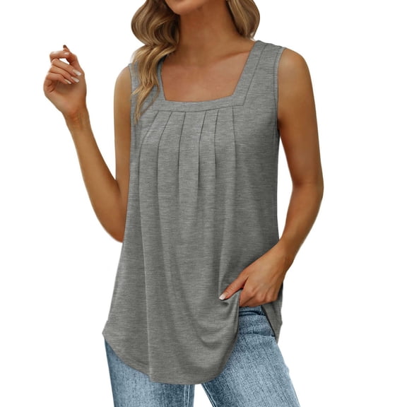 WAYUTE Tank Tops for Women Summer Vest Loose Pleated Square Neck Sleeveless Solid Color Curved Hem Loose Large Size Blouse Top