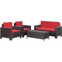 Homall 4 Pieces Outdoor Conversation Sets Patio Rattan Furniture Sets with Glass Table,Brown&Red