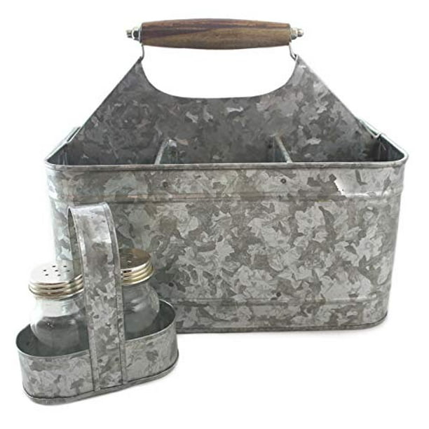 Galvanized Metal Caddy Plus Matching Salt and Pepper Shaker Farmhouse