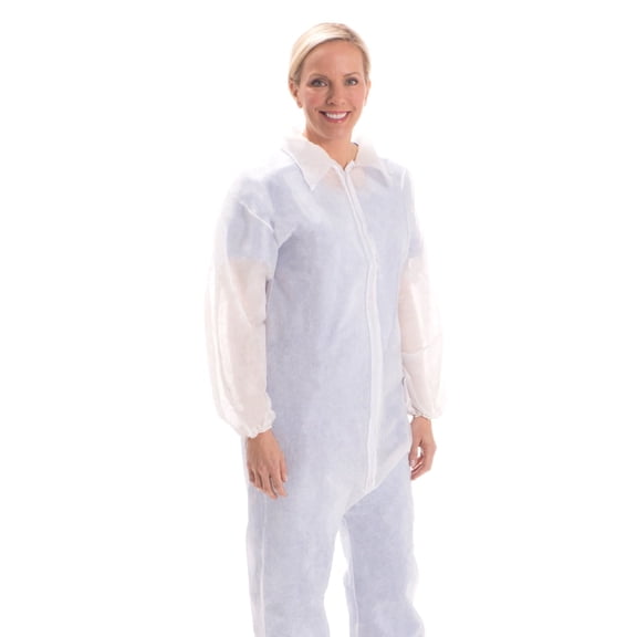 Tronex SMS8154W Disposable Coveralls, Fluid-Resistant, White, Large, Bag of 5