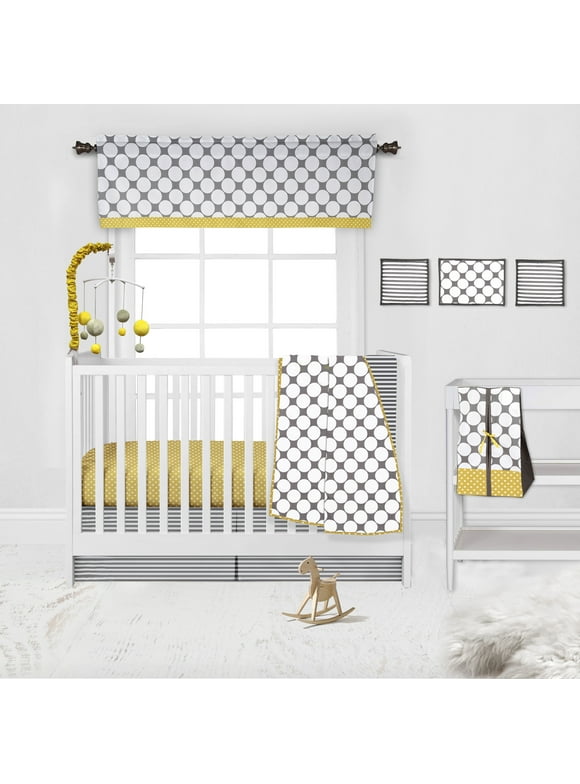 Bacati - Dots/Pin Stripes Gray/Yellow Girls 10-Piece Nursery in a Bag 100% Cotton Percale Unisex Crib Bedding Set with 2 crib fitted sheets