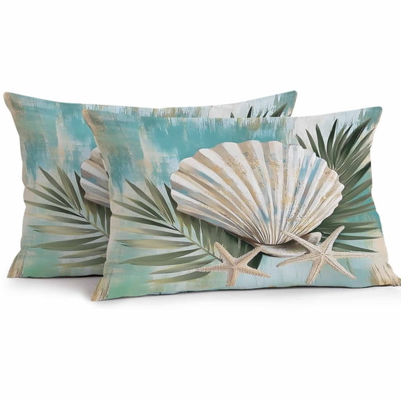 Waterproof Throw Pillow Covers Set of 2, 20x12 Inch Blue Conch Coastal Decorative Pillowcases Outdoor Pillow Slip Cushion Covers Set for Couch Tent Beach Botanical Summer Starfish
