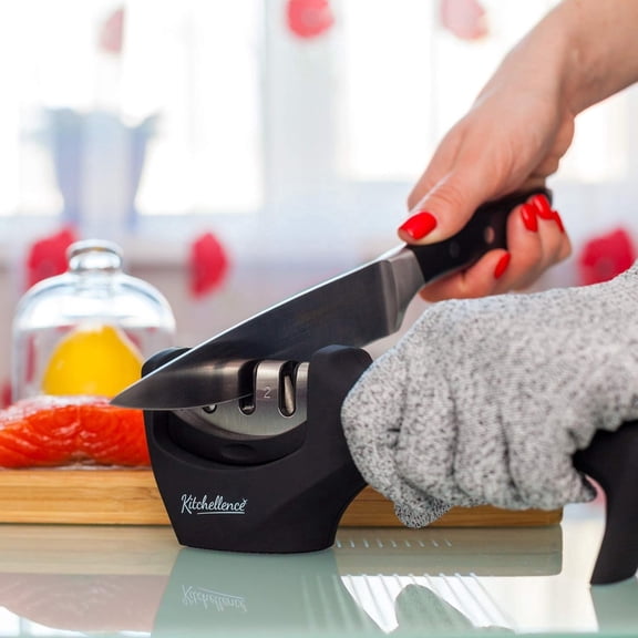 3-Stage Kitchen Knife Sharpener with Diamond Sharpening Rod, Professional Manual Knife Sharpening Tool with Non-Slip Base & Cut-Resistant Glove