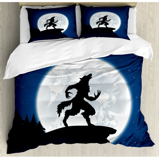 Wolf Duvet Cover Set Full Moon Night Sky Growling Werewolf Mythical Creature In Woods Halloween Decorative Bedding Set With Pillow Shams Dark Blue Black White By Ambesonne Walmart Com Walmart Com