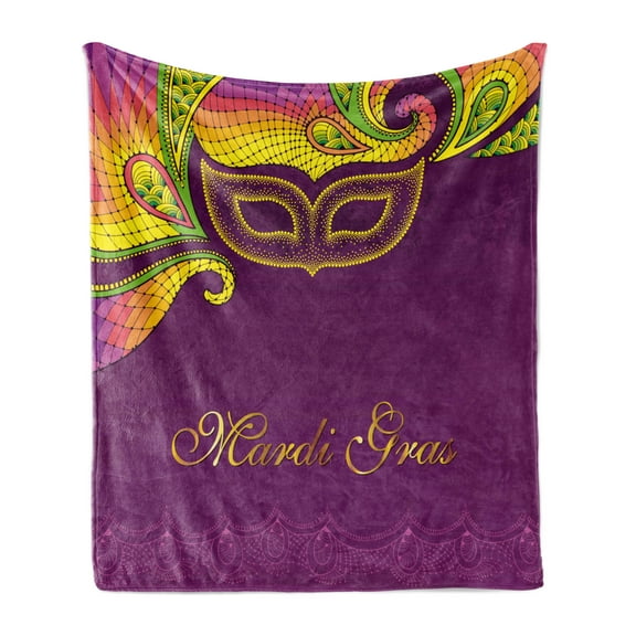 Mardi Gras Soft Flannel Fleece Throw Blanket, Colorful Lace Style Corner Ornaments Calligraphy and Dotted Design, Cozy Plush for Indoor and Outdoor Use, 50" x 70", Purple Yellow Green, by Ambesonne