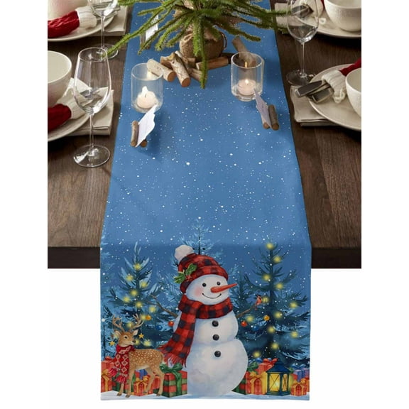 ERUNPONLY Blue Snowman Christmas Table Runner - 48 Inch Long Xmas Tree Snowflake Elk Gifts Cotton and Linen Blended Dress Scarves Farmhouse Table Runner for Kitchen Dining, Coffee Table, 13" x 48"