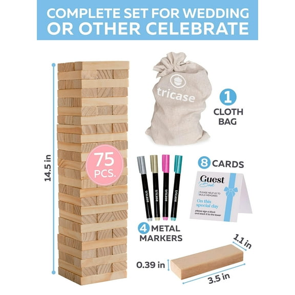 Wedding Guest Book Alternative – 75 Pcs Wooden Block Sign-In Book with 4-Color Pens & Storage Bag (Unique Wedding Reception Decoration)