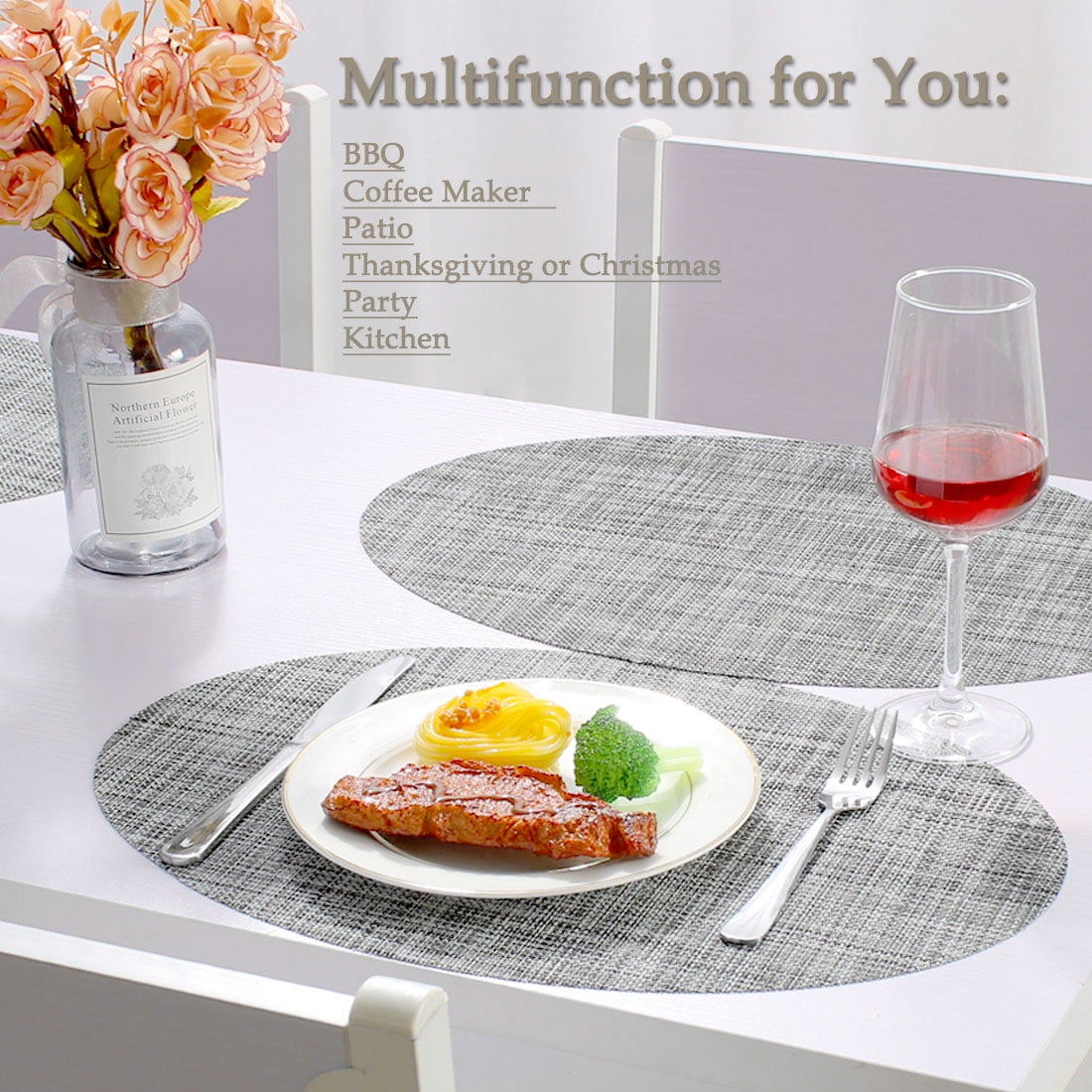 Unique Bargains Washable Insulation Mats Woven Oval Placemats Gray 18" x 12" 6 Pcs