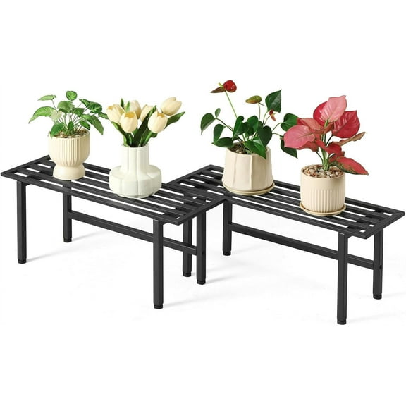 2 Pack Metal Plant Stand Outdoor Plant Shelf Indoor,1 Tier Heavy Duty Plant Stands for Multiple Plants,26" L x 10.12" H x 8.75" W,Black