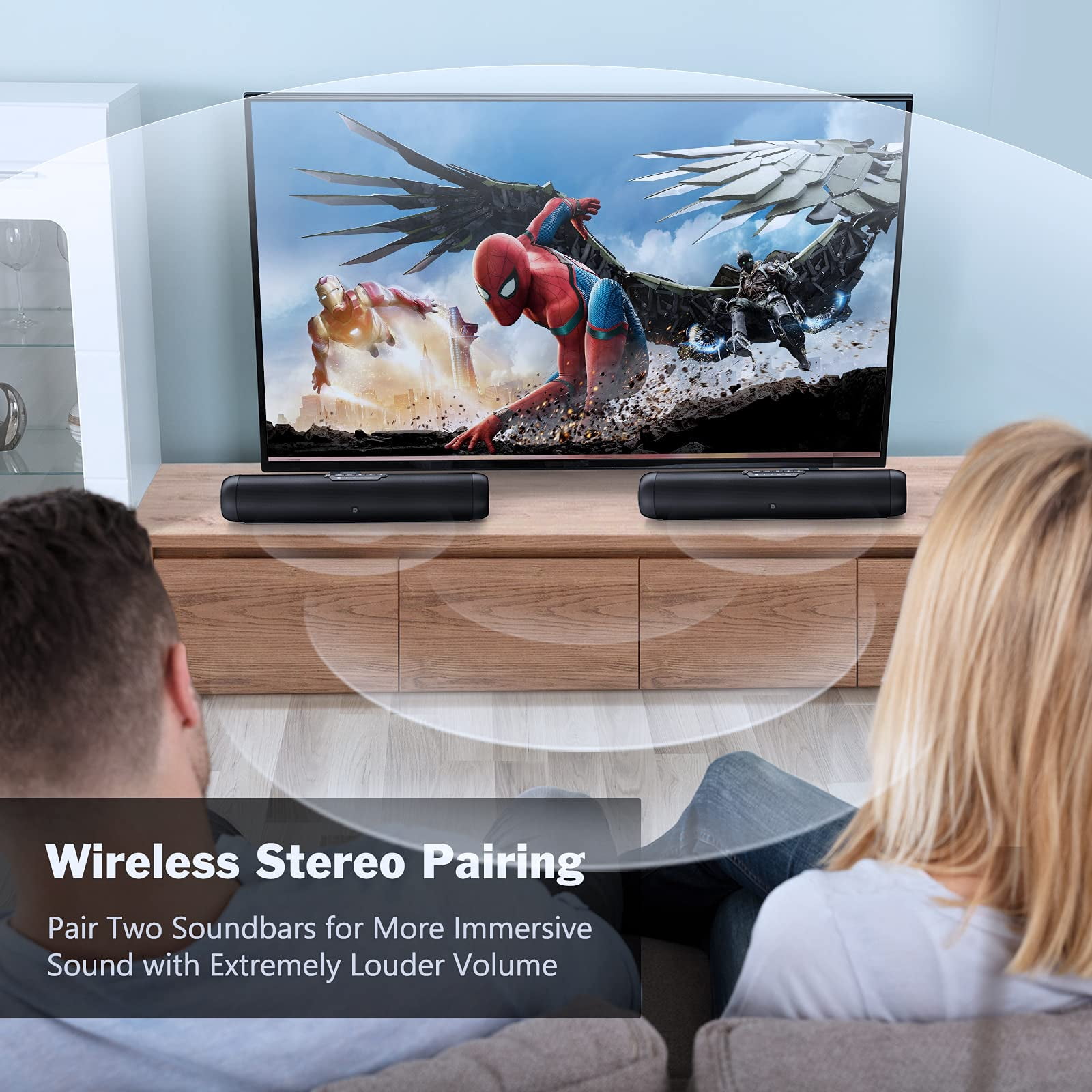 DOSS Sound Bar for TV with Dual Subwoofers, HD 3D Stereo Speaker and Midrange Drivers, Wired & Wireless Bluetooth 5.0, Three Sound Modes, Muti-Connections, Remote Control, Speaker for TV