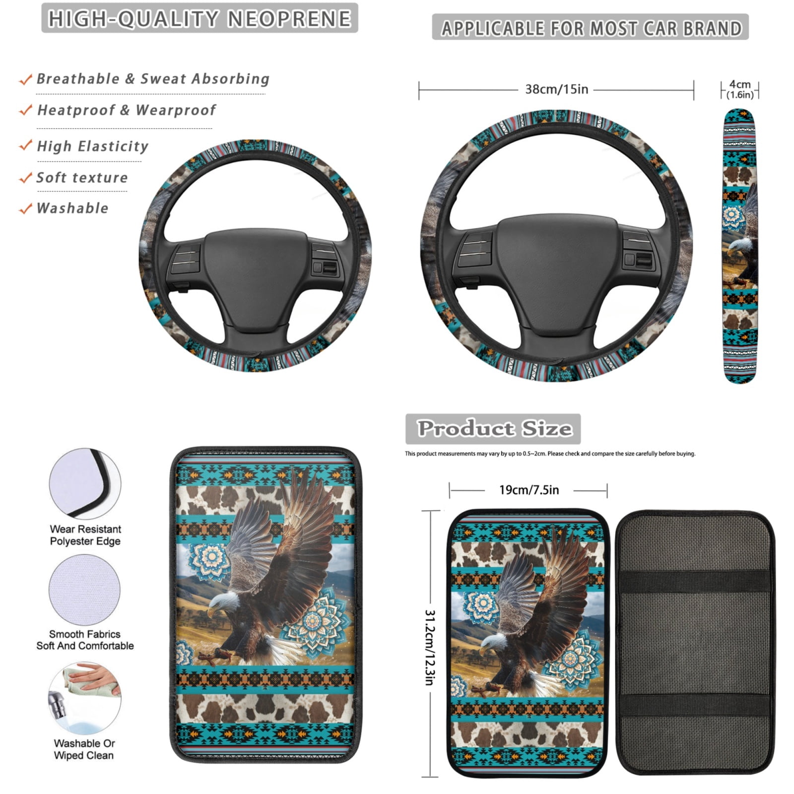 Yuyamidu Eagle Car Seat Cover Set of 13 Southwest Aztec Steering Wheel Cover Seat Belt Covers Car Armrest Cover Cup Holders Keychain 13 PCS Auto Accessories
