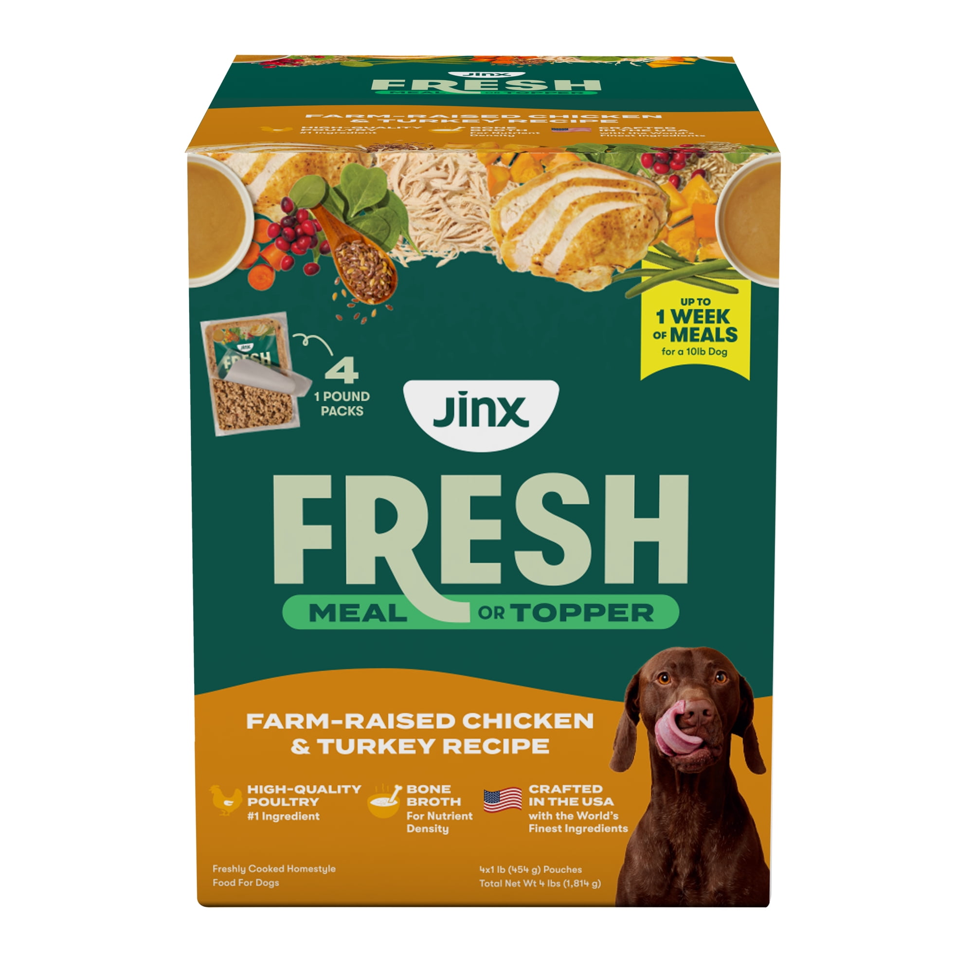 Jinx Fresh Farm-Raised Chicken & Turkey Dog Food Meal or Topper, 4 x 1 lb Pouches