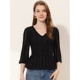 thumbnail image 2 of Blusa liviana de encaje sólido para mujer, cuello en V, manga 3/4, blusa campesina con peplum Negro S, 2 of 5