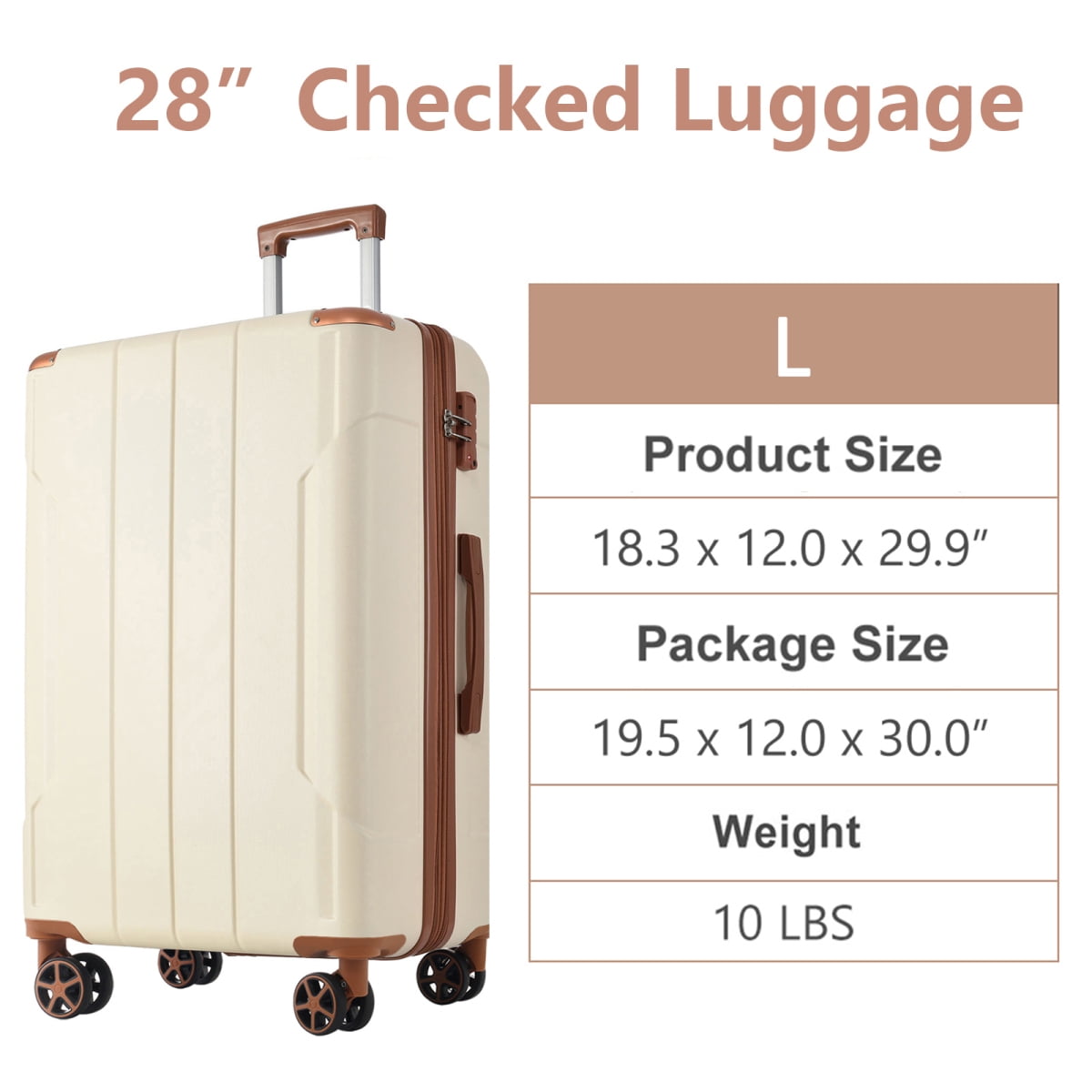Hardshell Luggage, Lightweight Durable ABS Suitcases with Double Wheels, Expandable 28-inch Checked Luggage 28" (White Brown)