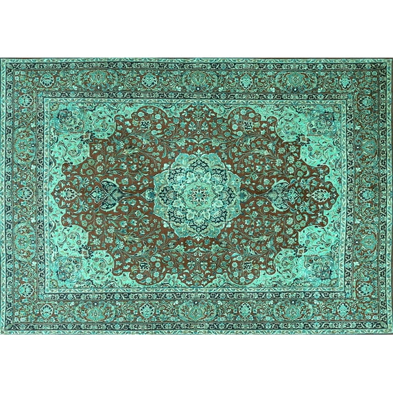 Ahgly Company Machine Washable Indoor Rectangle Medallion Turquoise Blue Traditional Area Rugs, 7' x 9'