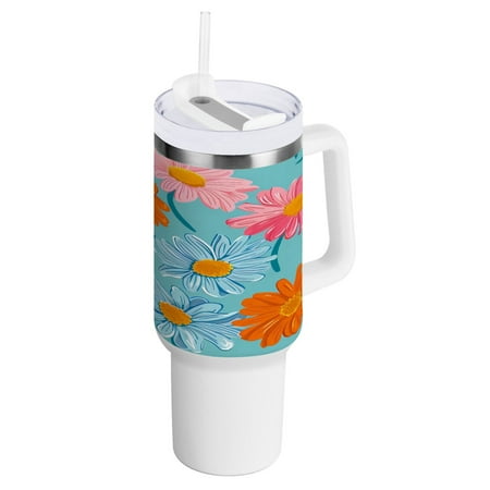 

40 Oz Car Handle Water Bottle 10.8x3.85 Inch Handle And Straw Travel Water Bottle Reusable Stainless Steel Water Bottle Multicolor Chrysanthemum