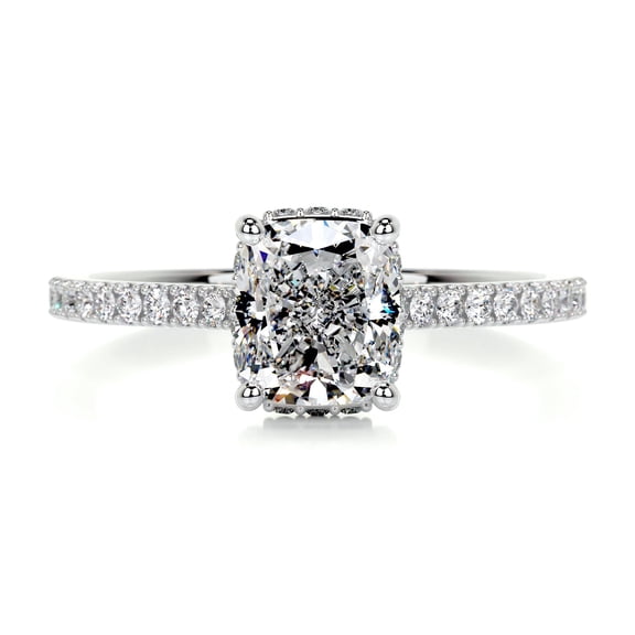 First Jewel Silver 14K White Gold Over Ring for Her - 1.9 Ct Cushion Cut Lab Created Simulated Diamond - Wedding Ring - Solitaire with Accent Diamond Ring for Her - Eternity Diamond Ring for Her