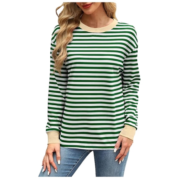 TTUHYWXI Womens Sweaters Long Sleeve Crew Neck Striped Color Block Sweaters Fall Fashion Knit Pullover Tops (Dark Green, XXL)
