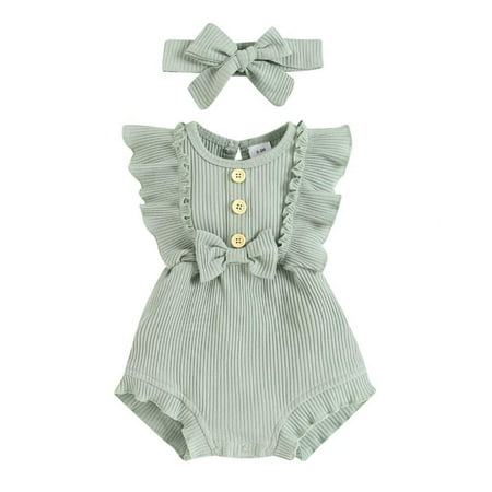

Clearance!Baby Girl Clothes 2Pcs Summer Solid Infant Girls Bodysuit +Headband Ruffled Sleeveless Jumpsuit For Newborns 0-18 Months