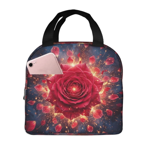 Rose Flower Lunch Box Reusable Insulated Cooler Handbag With Front Pocket Thermal Meal Prep Tote For Women Men Work Office Daily