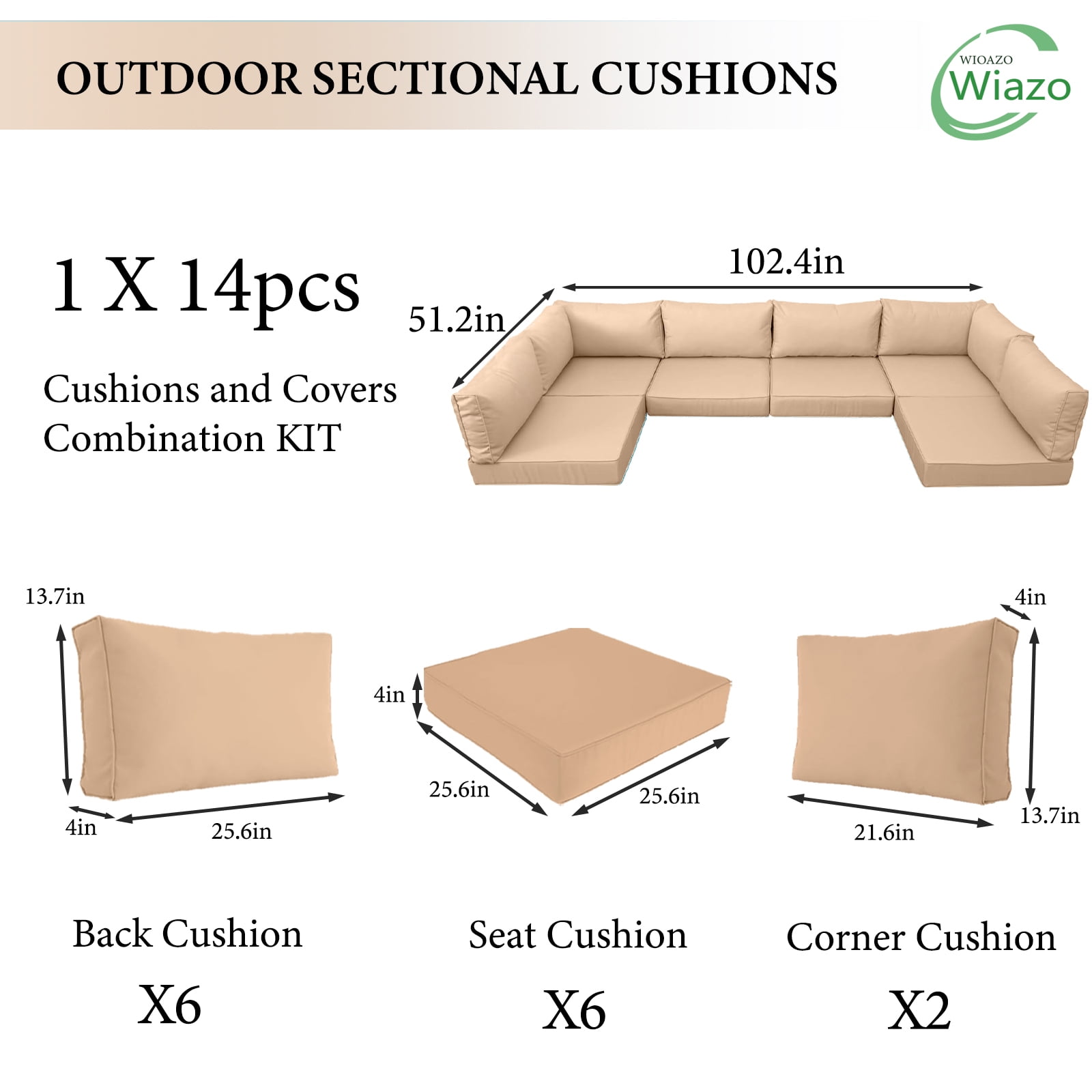 PUKNLY Outdoor Furniture Replacement Cushions, Fits 6-seat Sectional Rattan Conversation Set, 14 Piece Patio Water-Resistant Replacement Sofa Cushions, Liner&Cover（Beige）