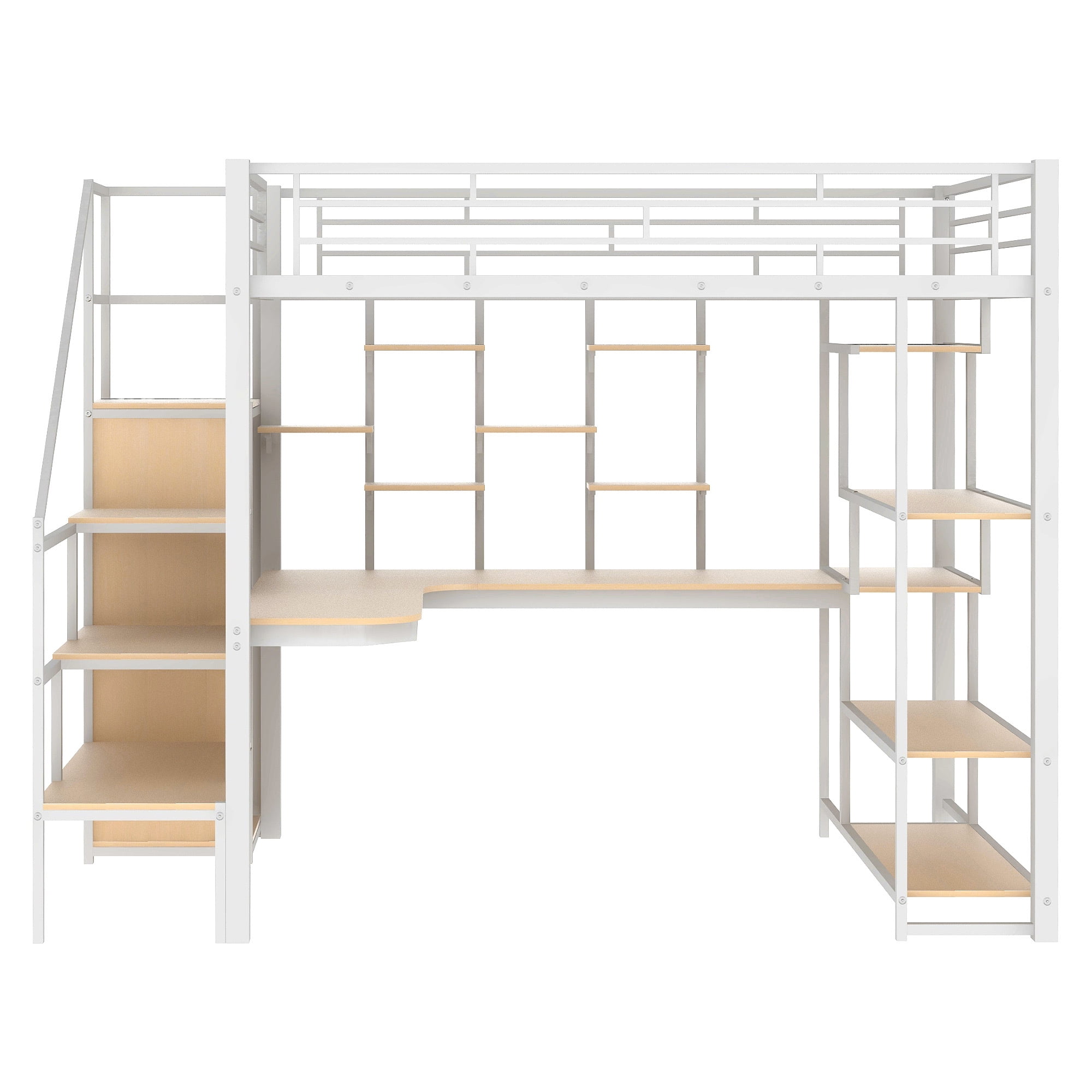 Euroco Modern Metal Full Size Loft Bed with Wardrobe, Desk and Storage Shelves for Kids Teens, White