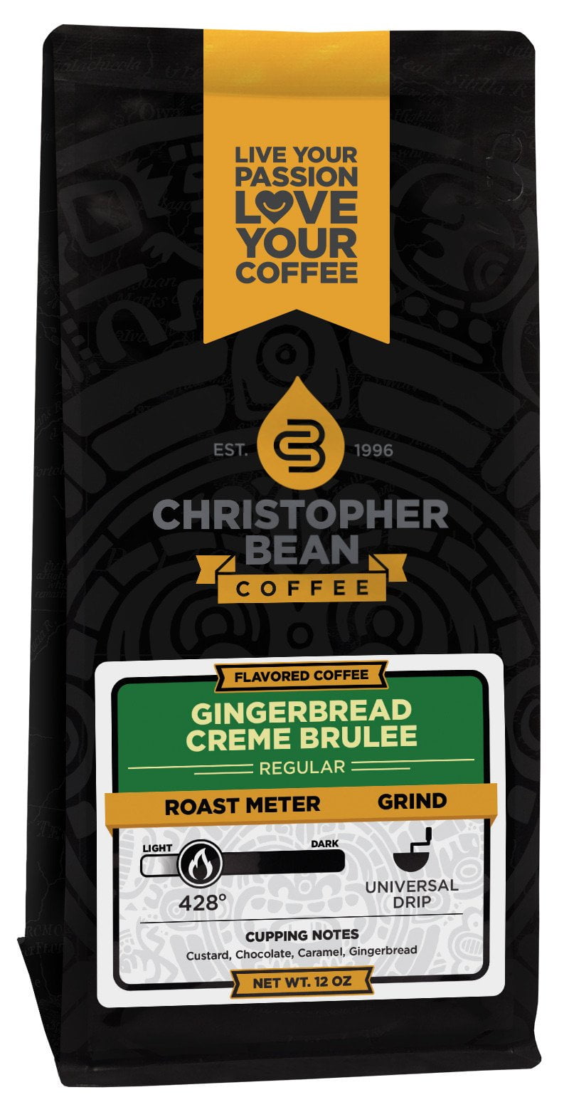 Gingerbread Creme Brulee Flavored Regular Ground Christopher Bean Coffee, 100% Arabica, No Sugar, No Fats, Made with Non-GMO Flavorings, 12 Oz Bag
