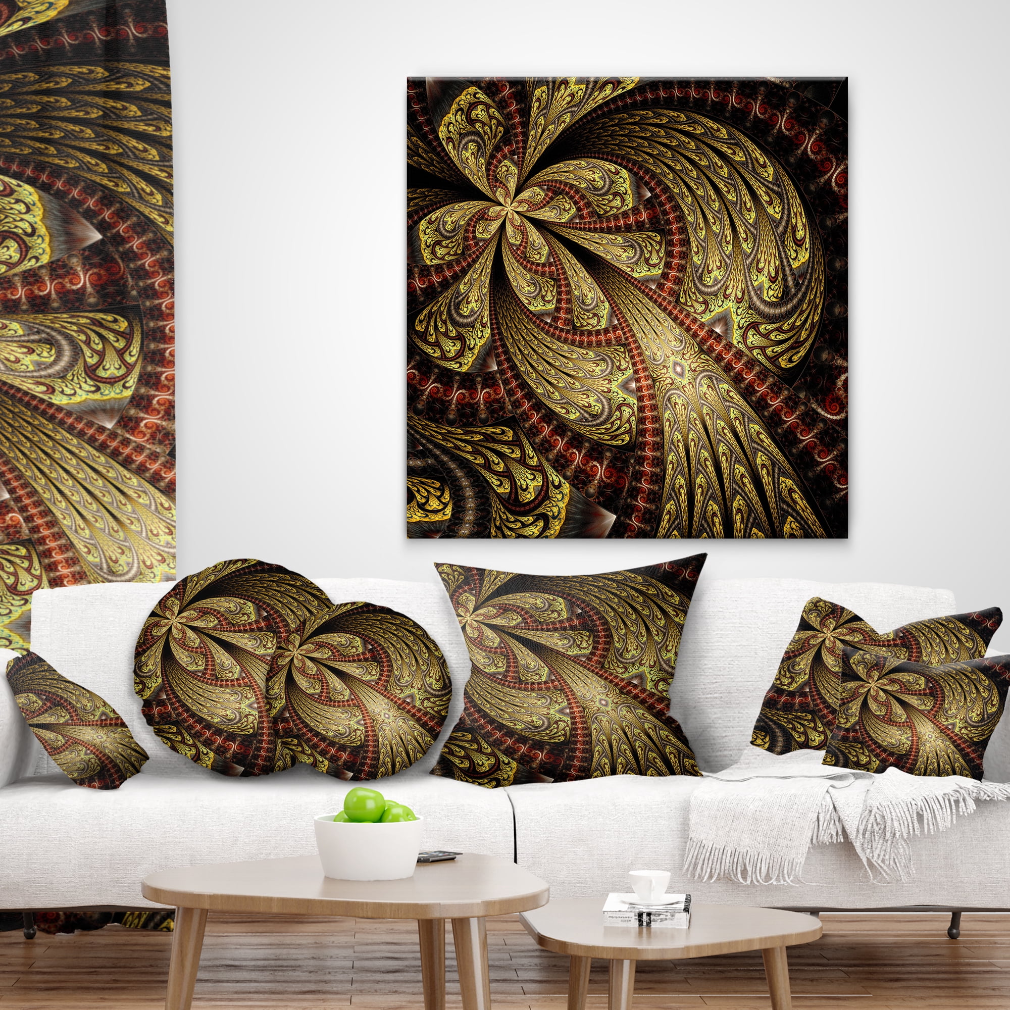 Designart 12" x 20" Contemporary and Modern Black Fractal and Flower Polyester Throw Pillow