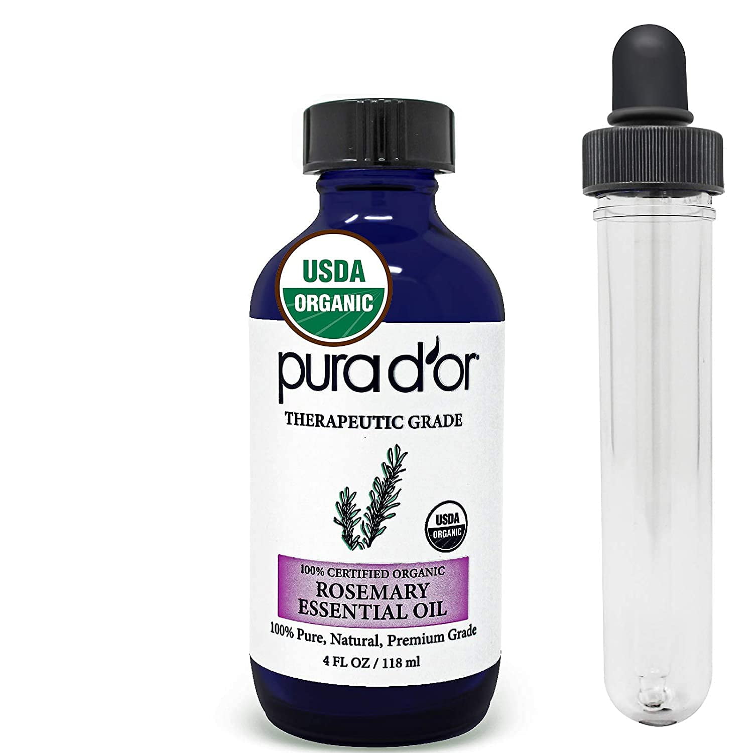 PURA D'OR Organic Rosemary Essential Oil (4oz with Glass Dropper) 100% Pure & Natural Therapeutic Grade for Hair, Body, Skin, Aromatherapy Diffuser, Relaxation, Massage, Mood, Relief, Home, DIY Soap