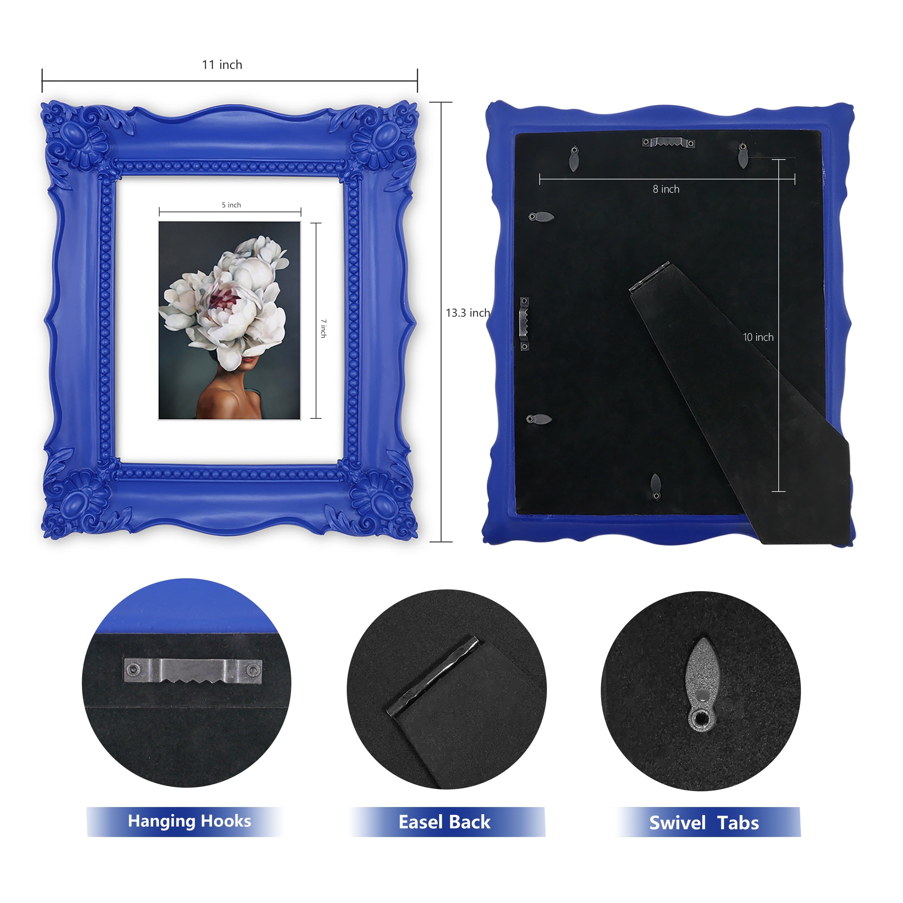 Blue 8x10 Picture Frame for Wall and Tabletop, Vintage Photo Frame with Flower Carving Ornaments