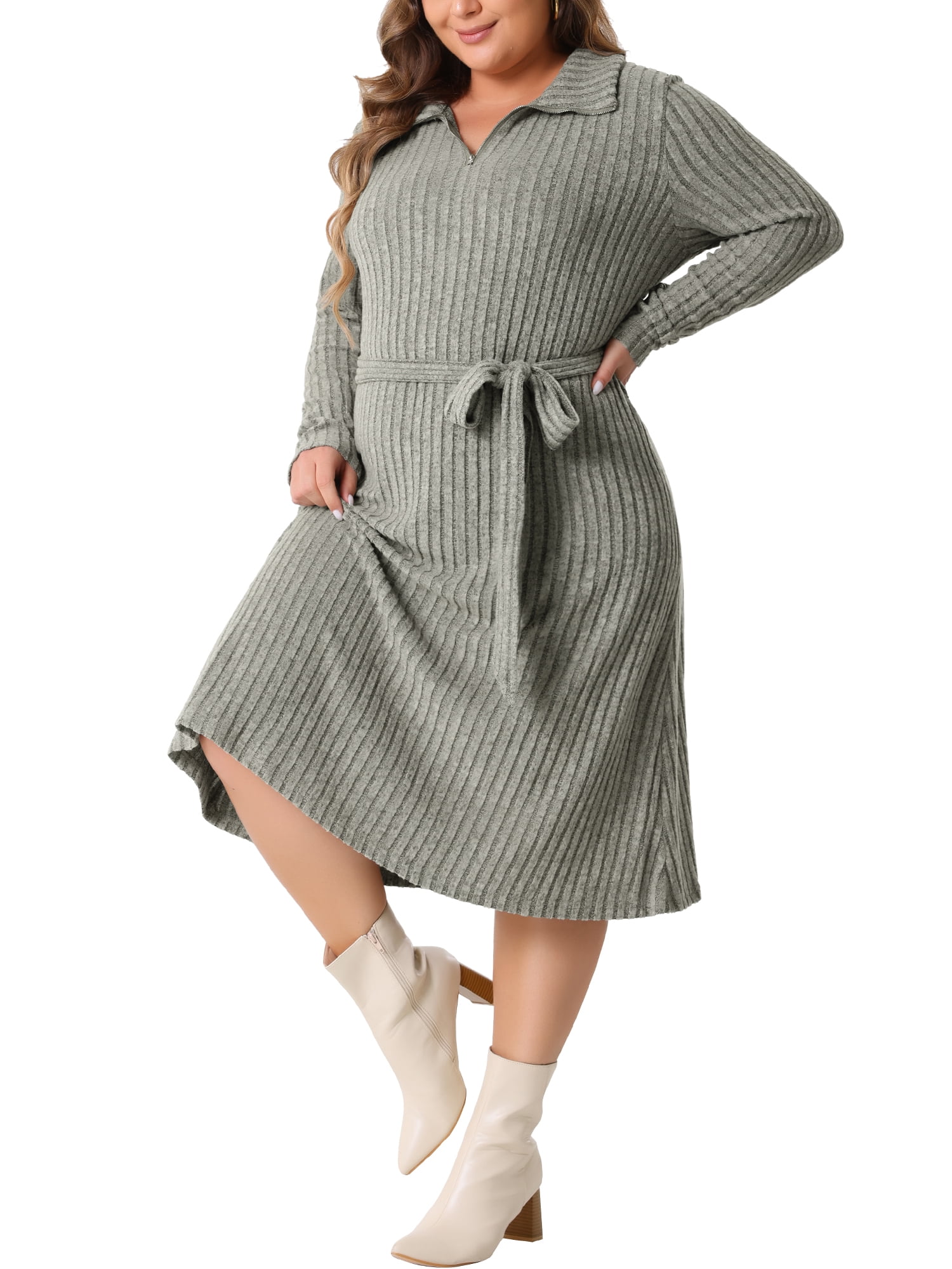 DARING DIVA Plus Size Ribbed Sweater Half Zip Front and Tie Waist Dress 1X Grey
