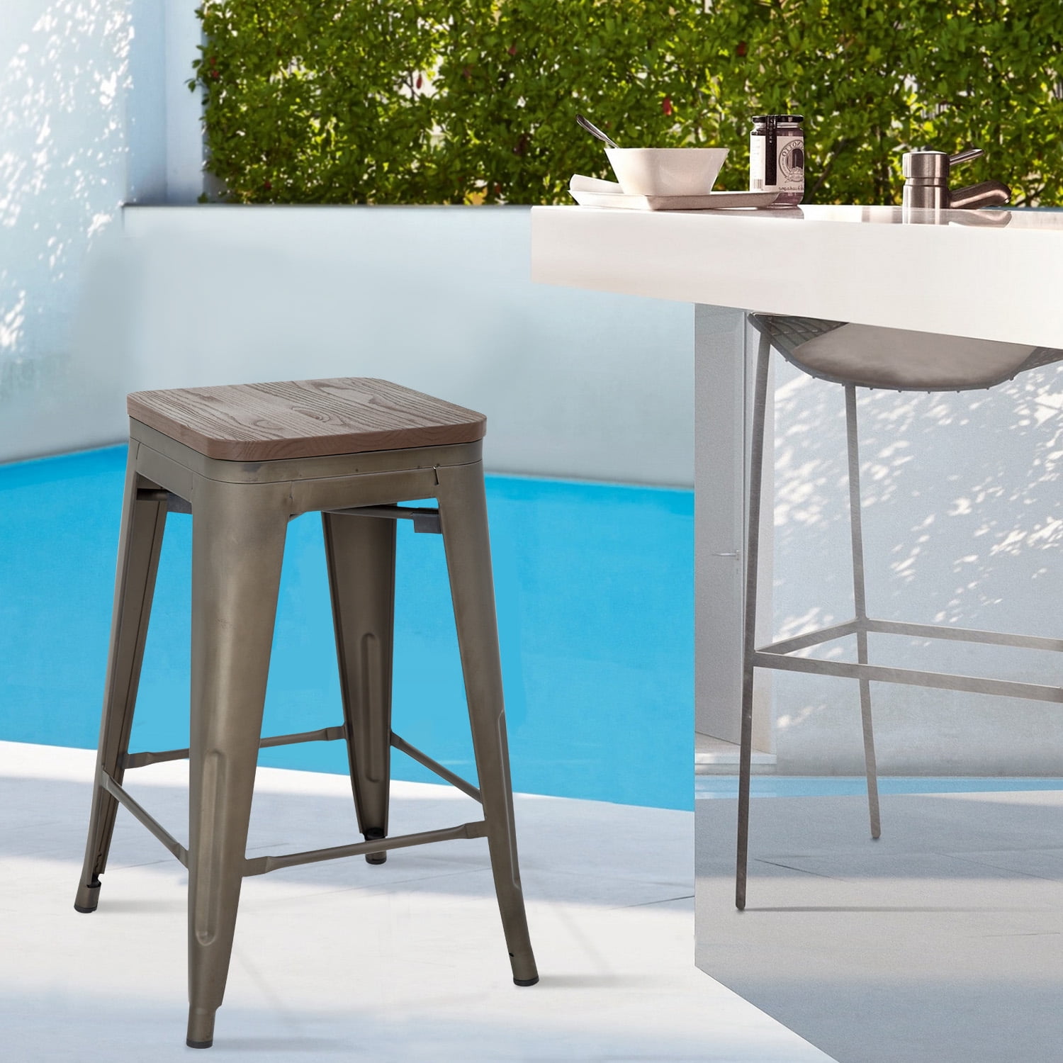 YRLLENSDAN Modern Bar Stool Set of 4 Counter Height Barstool with Back 24 Inches Seat Height Industrial Bar Chairs Indoor Outdoor Metal Kitchen Stools Restaurant Patio Stool Stackable, Bronze