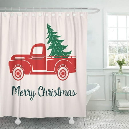 PKNMT Truck Red Car with Christmas Tree Vintage Old Holiday Delivery Classic Auto Waterproof Bathroom Shower Curtains Set 66x72