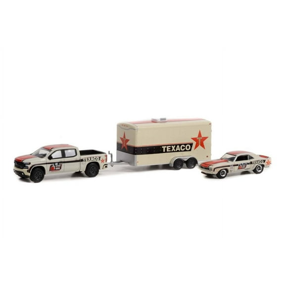 2021 Chevy Silverado & 1969 Camaro RS (worn) w/ Hauler - Greenlight 31140C - 1/64 scale Diecast Car