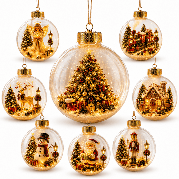 Glowing Christmas Diorama Ornament, Miniature Christmas Scene in Clear Ball with Warm LED Light, Hanging Holiday Ornament Decor