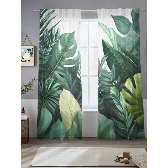 Tropical Leaves Sheer Curtains for Living Room Bedroom Watercolor Summer Botanical Leaf Plants Sheer Curtains 96 Inch Long 2 Panels Set Light Filtering Curtain Window Treatments Drapes