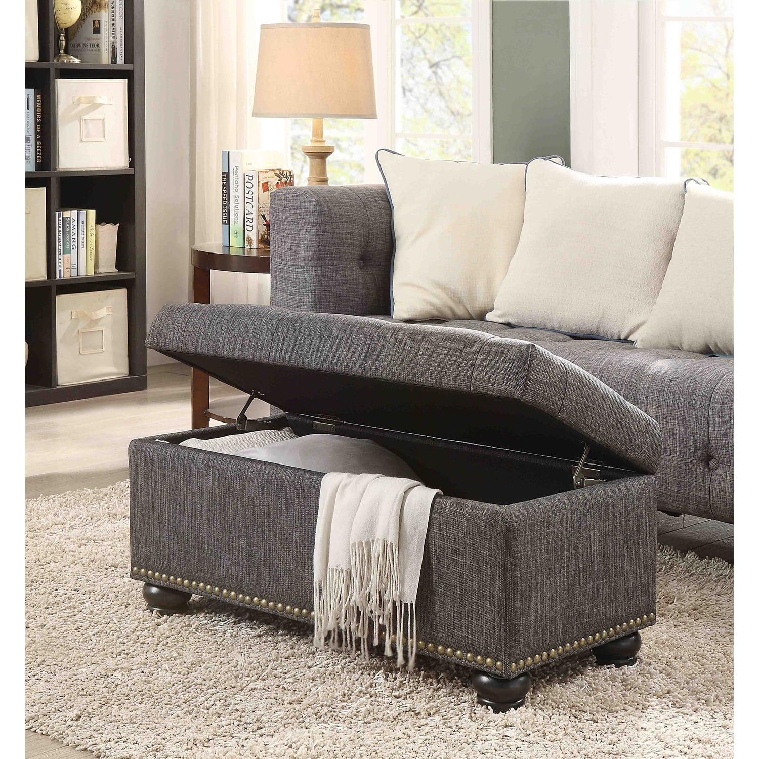 HomeStock Eclectic Elegance Storage Ottoman 35.5" - Contemporary Foot Stool and Bench with Hinged Lid for Living Room, Dining Room, Office, Dark Charcoal Gray Fabric