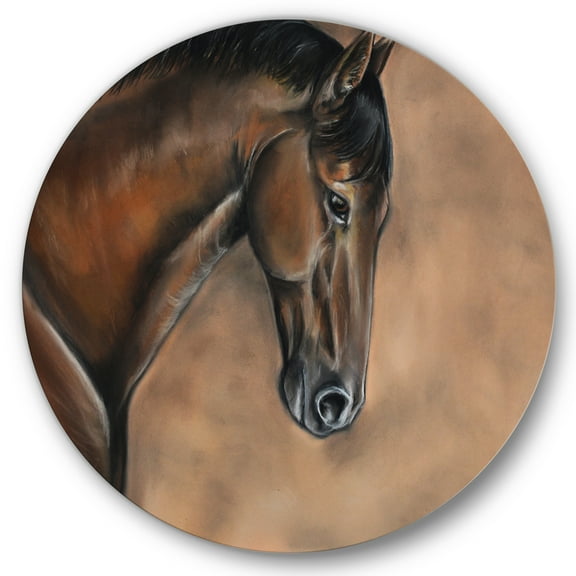 Designart 'Close Up Portrait Of A Brown Bay Horse' Farmhouse Circle Metal Wall Art 36x36 - Disc of 36
