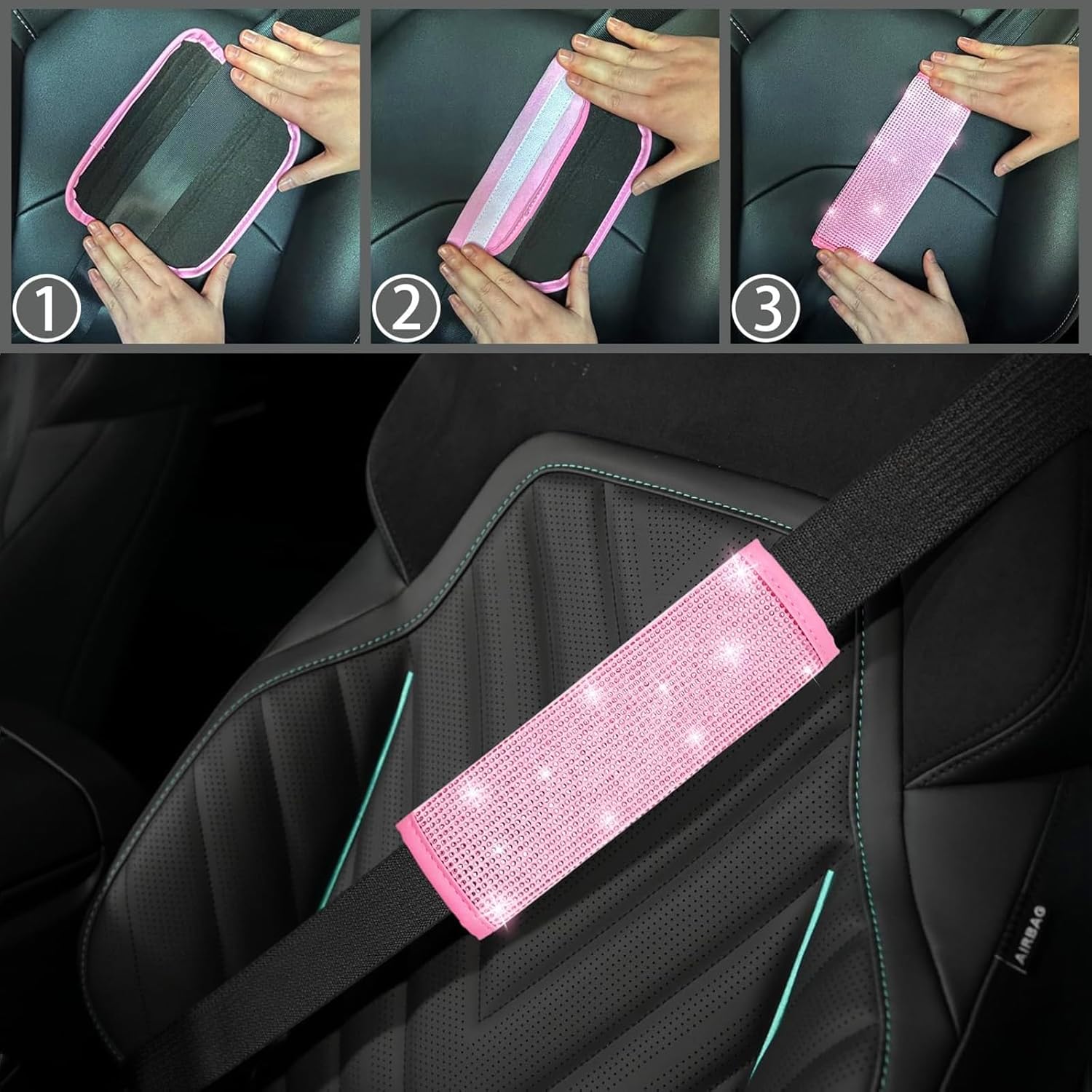 27 Pcs Pink Bling Car Accessories Set for Women, Steering Wheel Cover with Rhinestone Console Cover Seat Belt Cushion Shift Knob Cup Coaster Car Hanging (Pink)